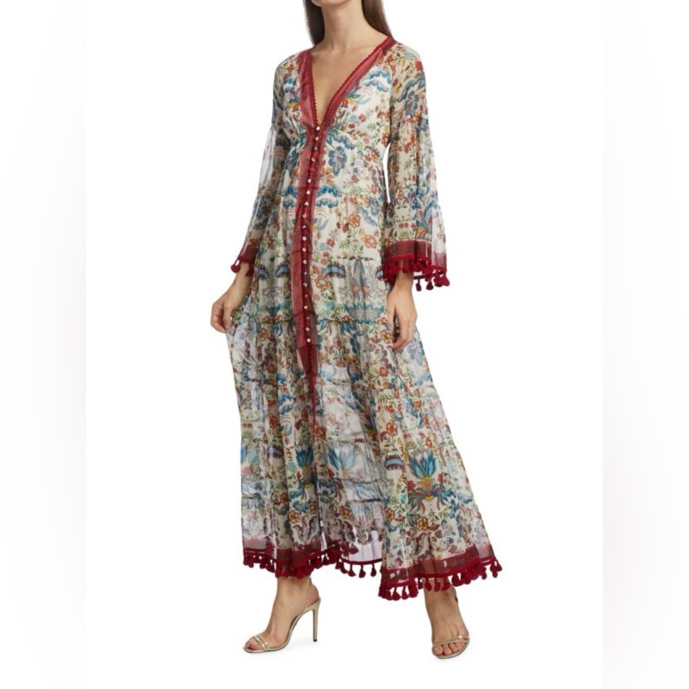 Alice + Olivia Alexandria Floral-Print Maxi Dress Bell Sleeve Fringe Size 8